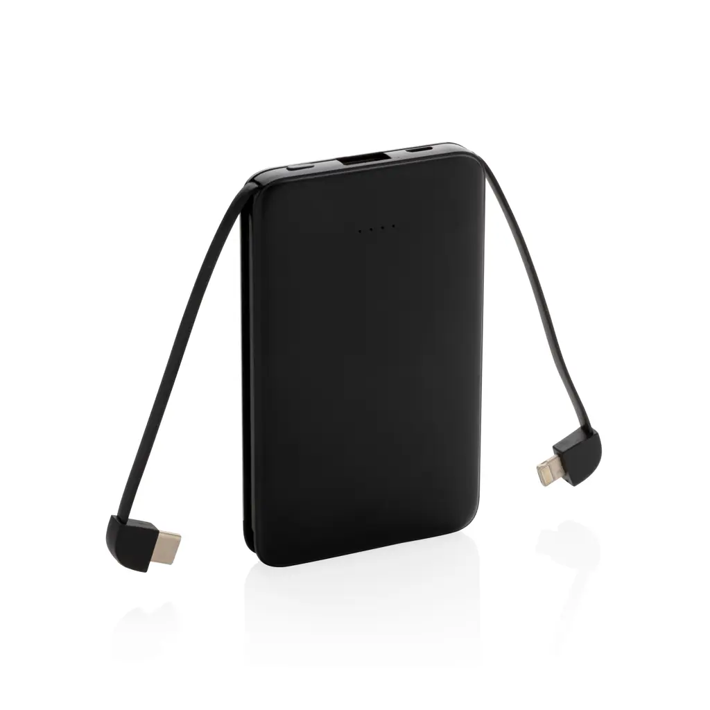 5.000 mAh zakformaat powerbank met ge?ntegreerde kabels