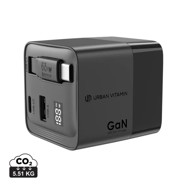 Urban Vitamin Mendocino 65W GaN lader, uittrekbare kabel zwart