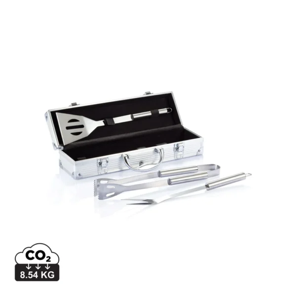 3-delige barbecue set in aluminium koffer zilver, zwart