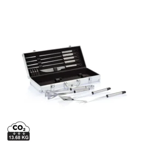 12-delige barbecue set in aluminium koffer zilver, zwart