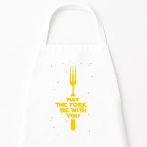 Go Mama - Keukenschort “May the fork be with you” – Grappig kookschort – One Size – Verstelbaar – Wit – Humor cadeau – Origineel kerst- of sinterklaascadeau