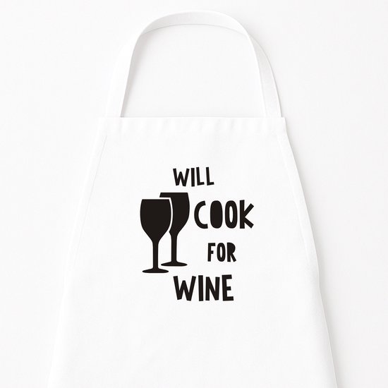 Go Mama - Keukenschort Will cook for Wine, Wit, One Size - Verstelbaar Schort